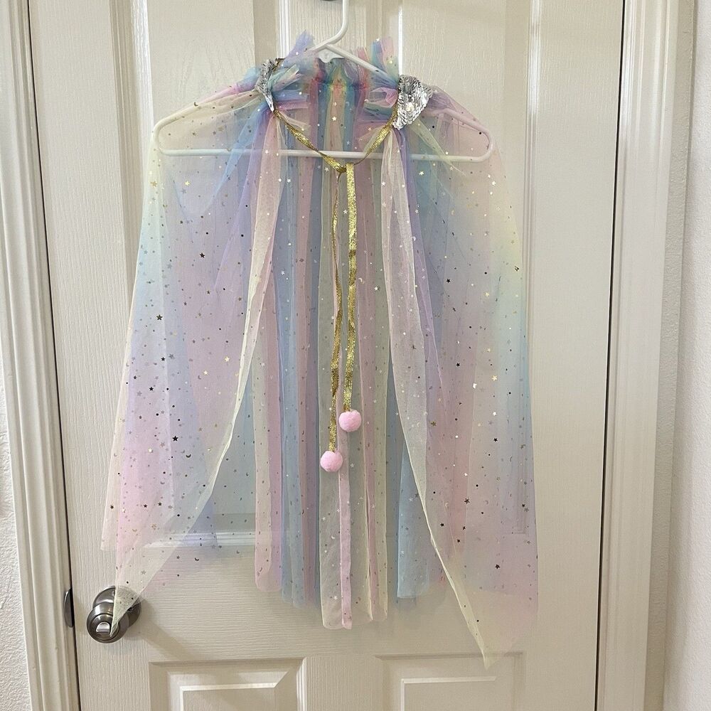 Rainbow Tulle Stars Sequins Party Princess Dress-Up Cape Cloak Pom-Pom
